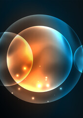 Glowing neon shiny transparent bubbles, glass circles or bio cell concept. Techno futuristic vector abstract background For Wallpaper, Banner, Background, Card, Book Illustration, landing page