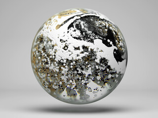 3d render of abstract art of surreal 3d glass sphere with small balls foam particles inside with turbulence swirl wavy pattern effect in different material as gold plastic and aluminium on grey back