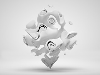 3d render of black and white monochrome abstract art piece of surreal sculpture in cubical organic curve round smooth and soft bio forms in matte plastic material on light grey background