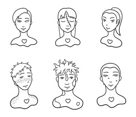 Portraits of body positive people set. Outline style isolated illustration on white background.