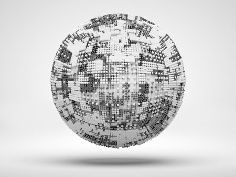3d render of black and white monochrome abstract art 3d ball or sphere in wire atomic structure with technology cubical pattern in white plastic and titanium metal materials on light background