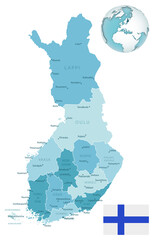 Finland administrative blue-green map with country flag and location on a globe. Vector illustration