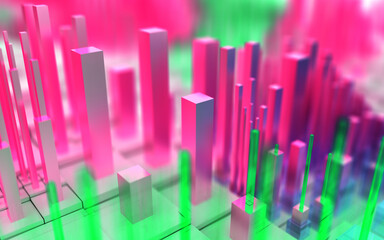 3d render of abstract art 3d background with told bars cubes or geometry figures as rectangles in super intensive vibrant pink and toxic bright green color looks like city scape or surreal downtown 