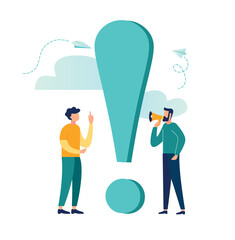 Vector illustration, concept illustration of people frequently asked questions, waiting to be answered, around the exclamation mark, answer to the metaphor of the question