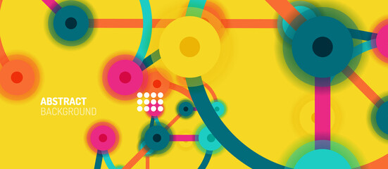 Flat style geometric abstract background, round dots or circle connections on color background. Technology network concept.