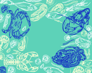 Fototapeta premium Vector illustration of different seafood.