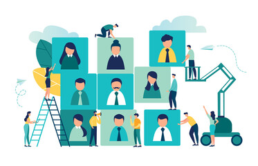 Fototapeta na wymiar Vector business graph, open vacancy, business company is looking for an employee for a job, flat color icons, creative illustrations, businessmen are considering a resume - Vector 