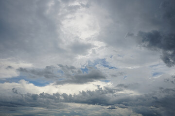 Dark sky and black clouds before rainy, Dramatic black cloud and thunderstorm, gray nimbostratus cloud bakground. 