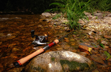 Trout fishing equipment in shallow water