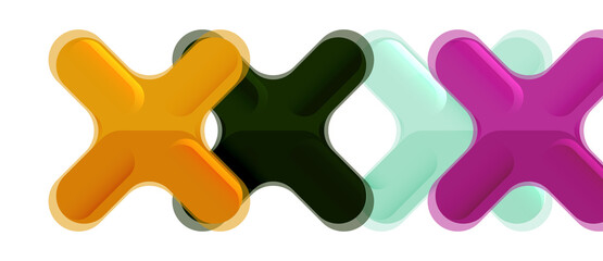 Glossy multicolored plastic style cross composition, x shape design, techno geometric modern abstract background. Trendy abstract layout template