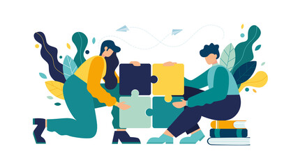 Business concept. Team metaphor. people connecting puzzle elements. Vector illustration flat design style. Symbol of teamwork, cooperation, partnership. - Vector 