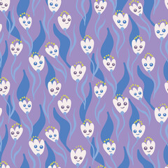 Smiling flowers seamless vector purple pattern. Childish surface print design for fabrics, stationery, scrapbook paper, and packaging.