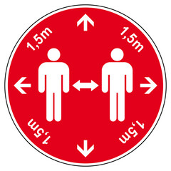 ibsn28 InformationBadgeSignNew ibsn - ds268 DiskretionSchild - floor stickers - english - keep distance 1,5 meters - arrow with distance measure. - template - red round sign - xxl g9724