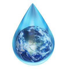 Obraz premium World globe map in a water drop isolated on white. Ecology symbol. 3D illustration