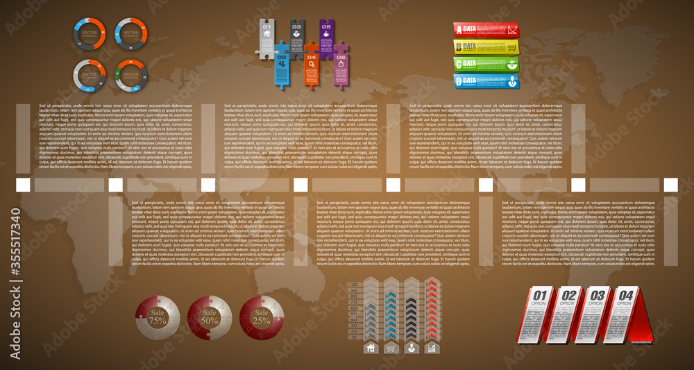 Poster timeline infographic with unfocused background and icons set. world map