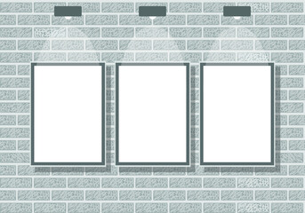 three frames on the brick wall, empty canvases, vector illustration 