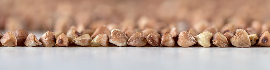 Essential goods: Buckwheat. Buckwheat seed pour in bunch closeup. Buckwheat cereal background, panoramic banner.