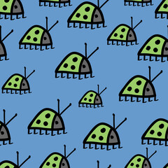 seamless pattern unusual green bugs ladybug with black mustache and spots on a blue background