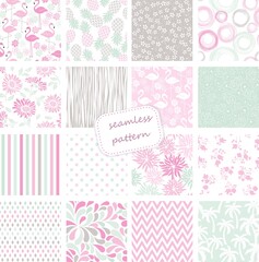 Set of 16 vintage seamless colorful patterns with tropical motif. Hand drawn. Vector illustration can be used for ceramic tile, wallpaper, textile, invitation, greeting card, web page background.