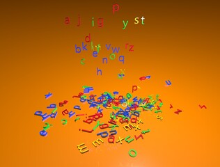 3d illustration of alphabet letters falling and depositing on the ground. Bright multi-colored objects on orange background.