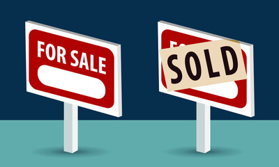 for sale, sold road sign, real estate or housing concept, vector illustration 