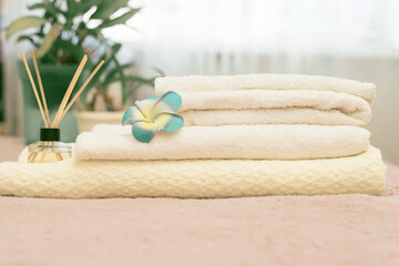 Spa still life with towels. The interior of the spa salon. Beautician*s office.