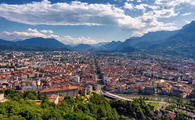 Beautiful view of Grenoble city and French Alps in summer from the Bastille Fortress. France