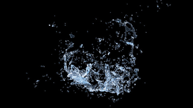 Water Splash on black background. Macro camera. 3d illustration.