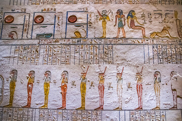 Ancient burial chambers for Pharaohs with hieroglyphics at the valley of the kings, Luxor, Egypt. 