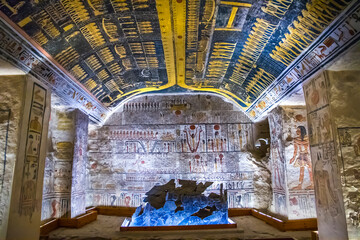 Ancient burial chambers for Pharaohs with hieroglyphics at the valley of the kings, Luxor, Egypt. 