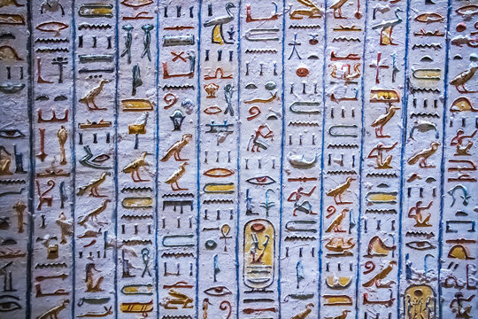 Ancient burial chambers for Pharaohs with hieroglyphics at the valley of the kings, Luxor, Egypt. 