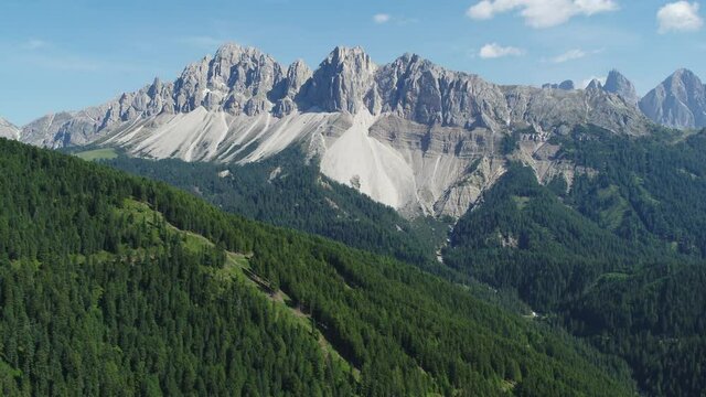 Aerial of the Dolomites, beautiful Mountains in South Tyrol. Idyllic Alpine Landscape in Italy.