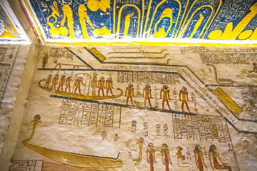 Ancient burial chambers for Pharaohs with hieroglyphics at the valley of the kings, Luxor, Egypt. 