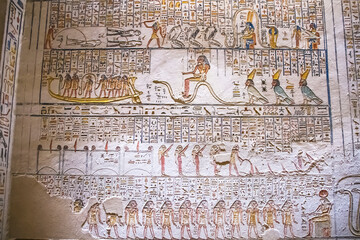Ancient burial chambers for Pharaohs with hieroglyphics at the valley of the kings, Luxor, Egypt. 