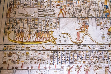 Ancient burial chambers for Pharaohs with hieroglyphics at the valley of the kings, Luxor, Egypt. 
