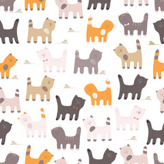 Set of adorable cats. Pet animals isolated on white background. Flat cartoon vector illustration pattern.