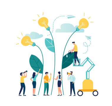 vector illustration. people grow potted plants, a metaphor for the birth of a creative idea. business concept analysis. graphic design idea of project activity