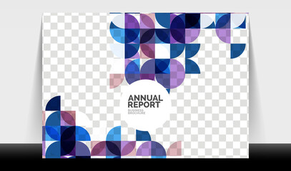 Horizontal A4 business flyer annual report template, circles and triangle style shapes modern geometric design for brochure layout, magazine or booklet