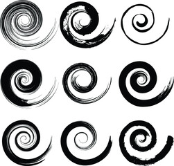 Set of black vector grunge paintbrush shapes. Spiral form. Vector illustration. Trendy design element for border frame, logo, tattoo, prints, web pages, template and monochrome pattern