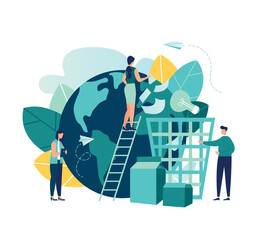 Vector creative illustration of business graphics, an employee engaged in recycling garbage, save the planet, save energy, Earth Day concept-vector