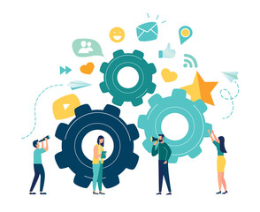 Business concept of vector illustration, little people links of mechanism, business mechanism, abstract background with gears, people are engaged in business promotion, strategy analysis, communicatio