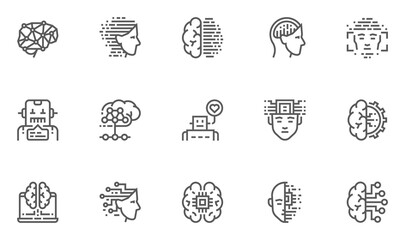 Artificial Intelligence Vector Line Icons Set. Face Recognition, Android, Humanoid Robot, Thinking Machine. Editable Stroke. 48x48 Pixel Perfect.