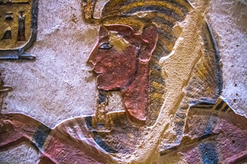 Ancient burial chambers for Pharaohs with hieroglyphics at the valley of the kings, Luxor, Egypt. 