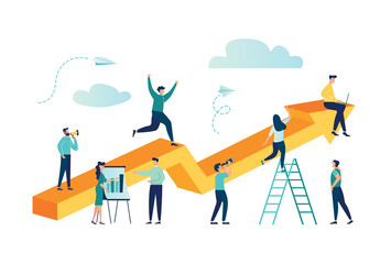 vector illustration a group of people characters are thinking over an idea. prepare a business project start up. rise of the career to success, flat color icons, business analysis - Vector 