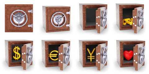 Collection of safes in white background. 3D Illustration.