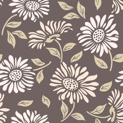 Seamless floral pattern in folk style with wildflowers, leaves. Hand drawn. Vector illustration