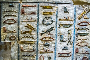 Ancient burial chambers with Egyptian hieroglyphics at the valley of the kings, Luxor, Egypt.