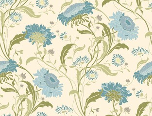 Seamless floral pattern in folk style with wildflowers, leaves. Hand drawn. Vector illustration
