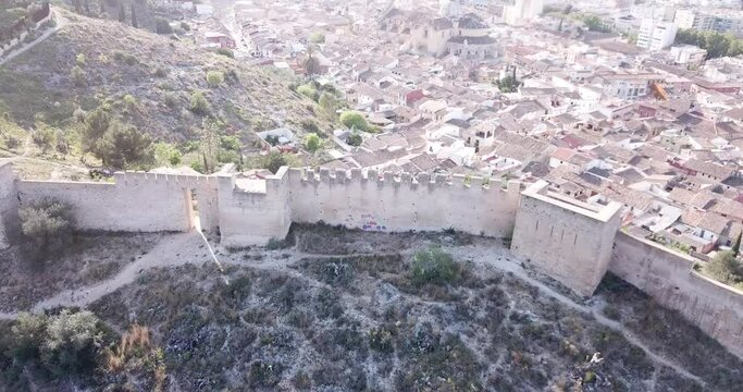 Aerial panoramic view of Xativa cityscape with Collegiate Basilica of Santa Maria, Spain