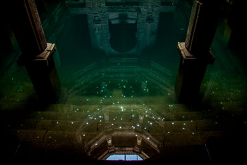 Adalaj stepwell on a dark day